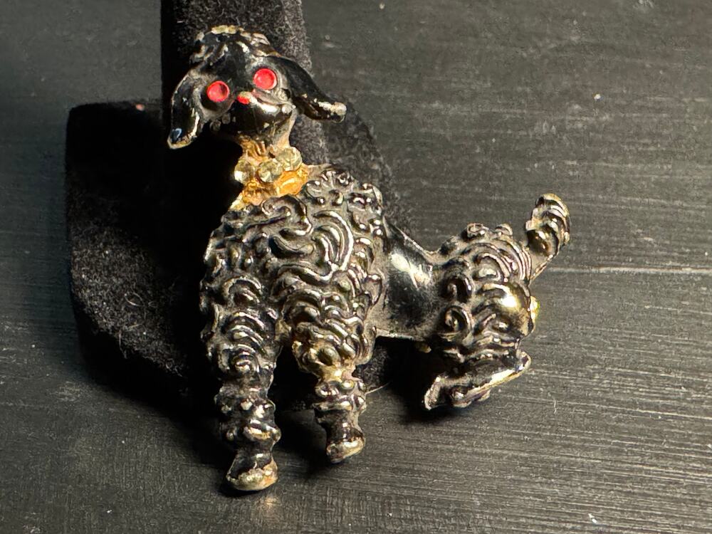 Vintage Poodle Brooch w/ Rhinestone Eyes & Collar